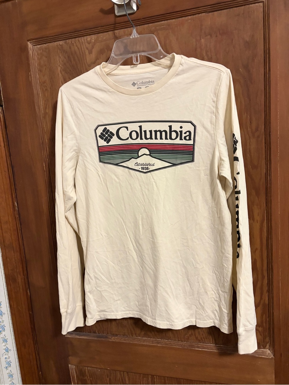 Columbia Long Sleeve Logo Tee in Cream with Multicolor Chest Graphic